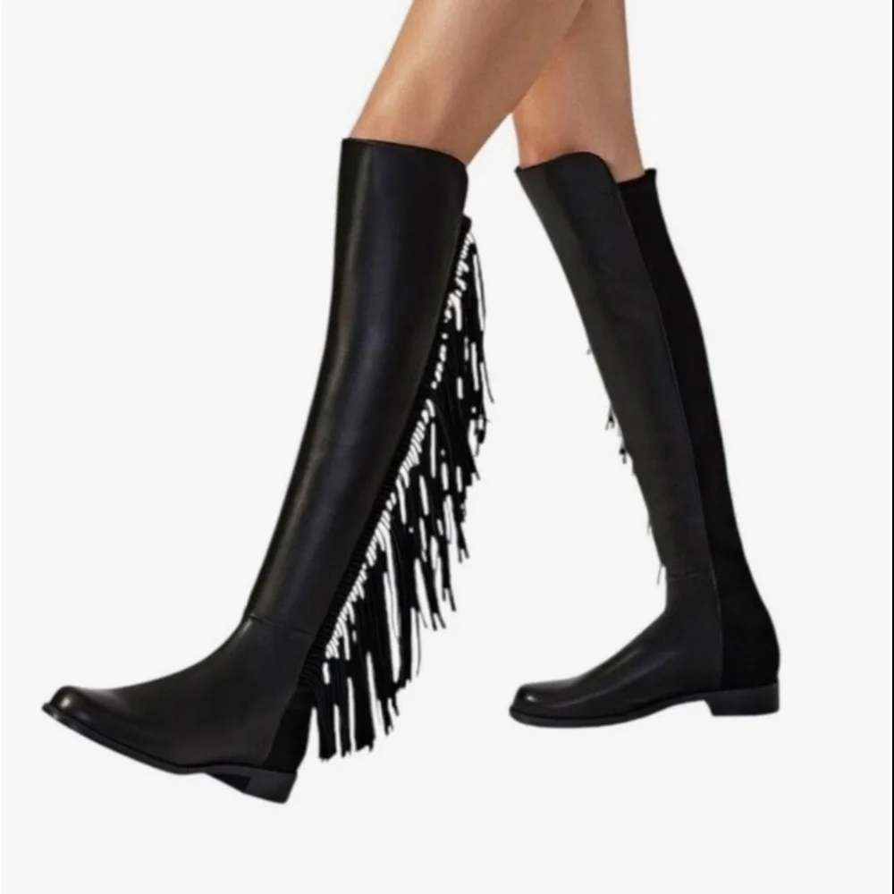 Stuart Weitzman Mane 5050 OTK Black Leather Boots NWOT Western Inspired Fringe 7